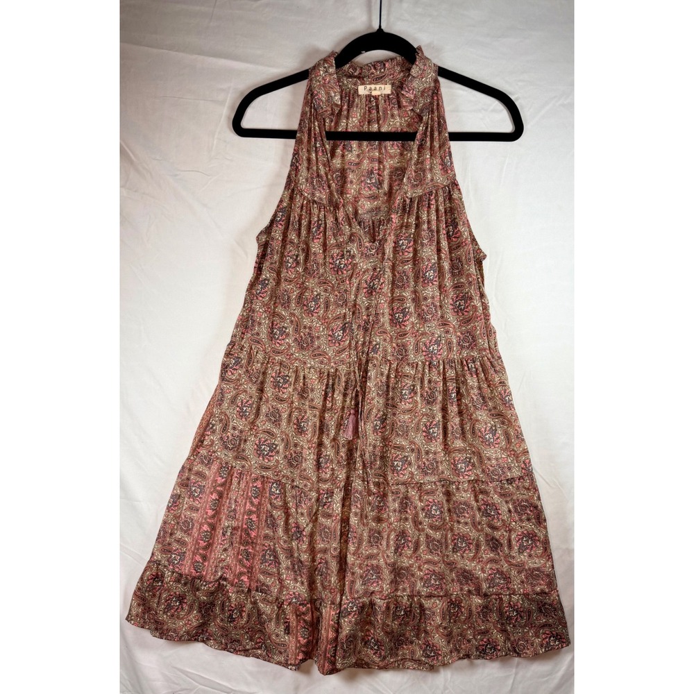 Paani Pink Paisley Tiered Mini Dress‎ Womens Medium Sleeveless Boho Tassel Tie M